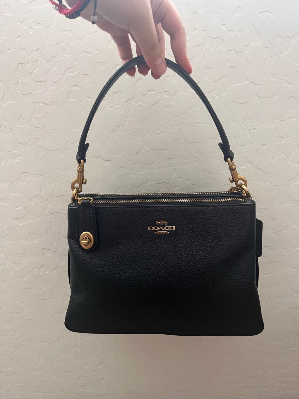 Coach Double Zip Black Pebble Leather Shoulder Bag with Brass Hardware